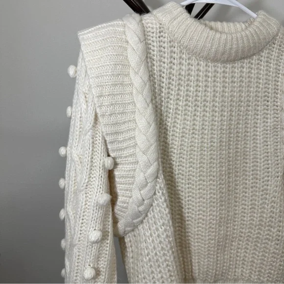 Farm Rio Braided Sweater S Pom Pom Off White wool blend - Picture 5 of 14